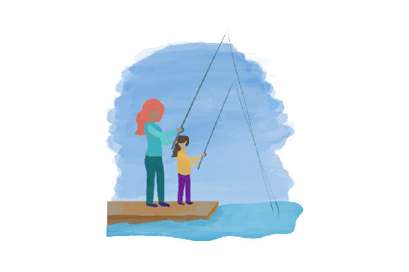 Mom and Daughter Fishing Watercolor for Crafts